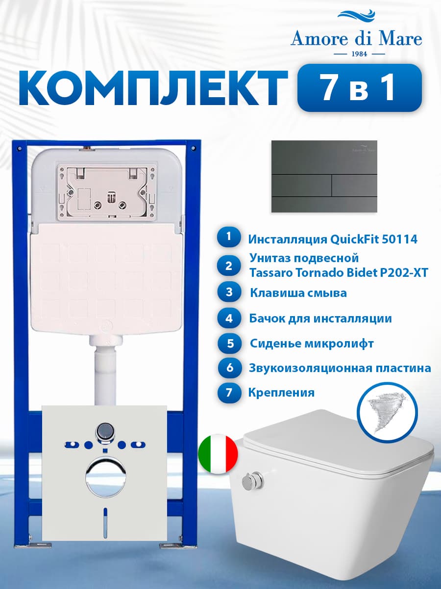 Комплект инсталляции Amore di Mare QuickFit 50114 с унитазом Tassaro Tornado Bidet P202-XT с функцией биде с кнопкой 404BN-S 7 в 1, Италия