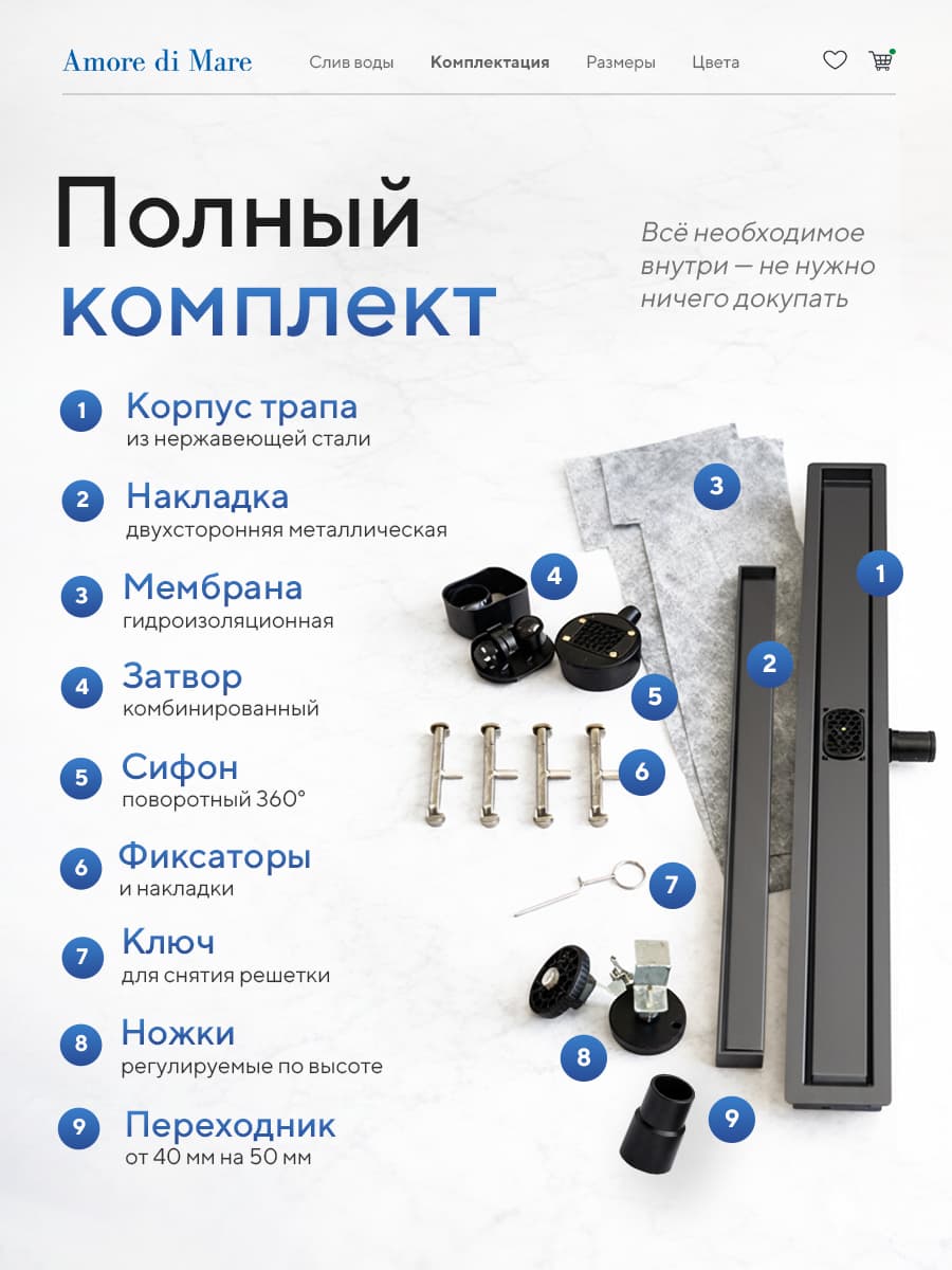 Трап для душа Amore di Mare Verso SD-80GM, 800х70 мм, оборачиваемый под плитку, оружейная сталь - миниатюра 9