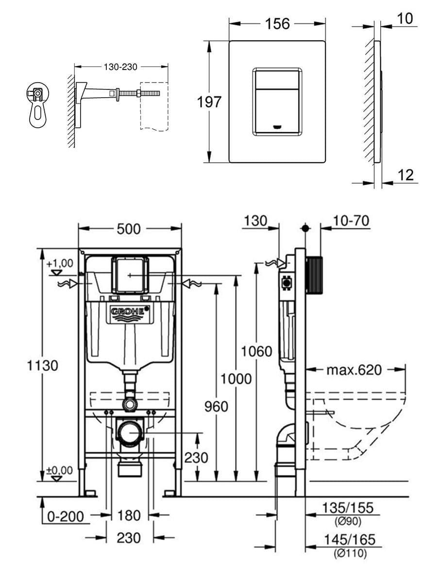 Система инсталляции для подвесного унитаза Grohe Rapid SL 38732GNO с прямоугольной кнопкой матовое золото, готовое решение 3 в 1 - миниатюра 7