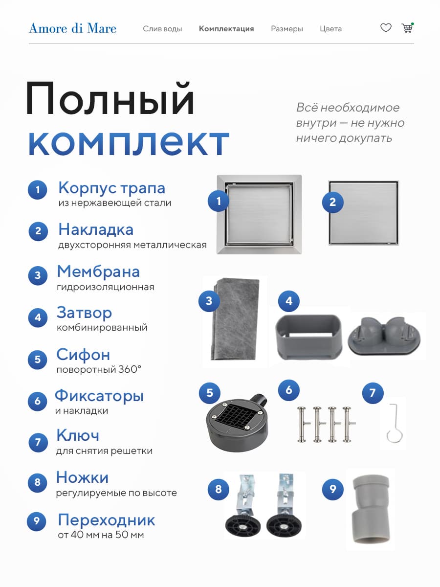 Трап для душа Amore di Mare Picco SD-15, 150х150 мм, оборачиваемый под плитку, хром - миниатюра 9