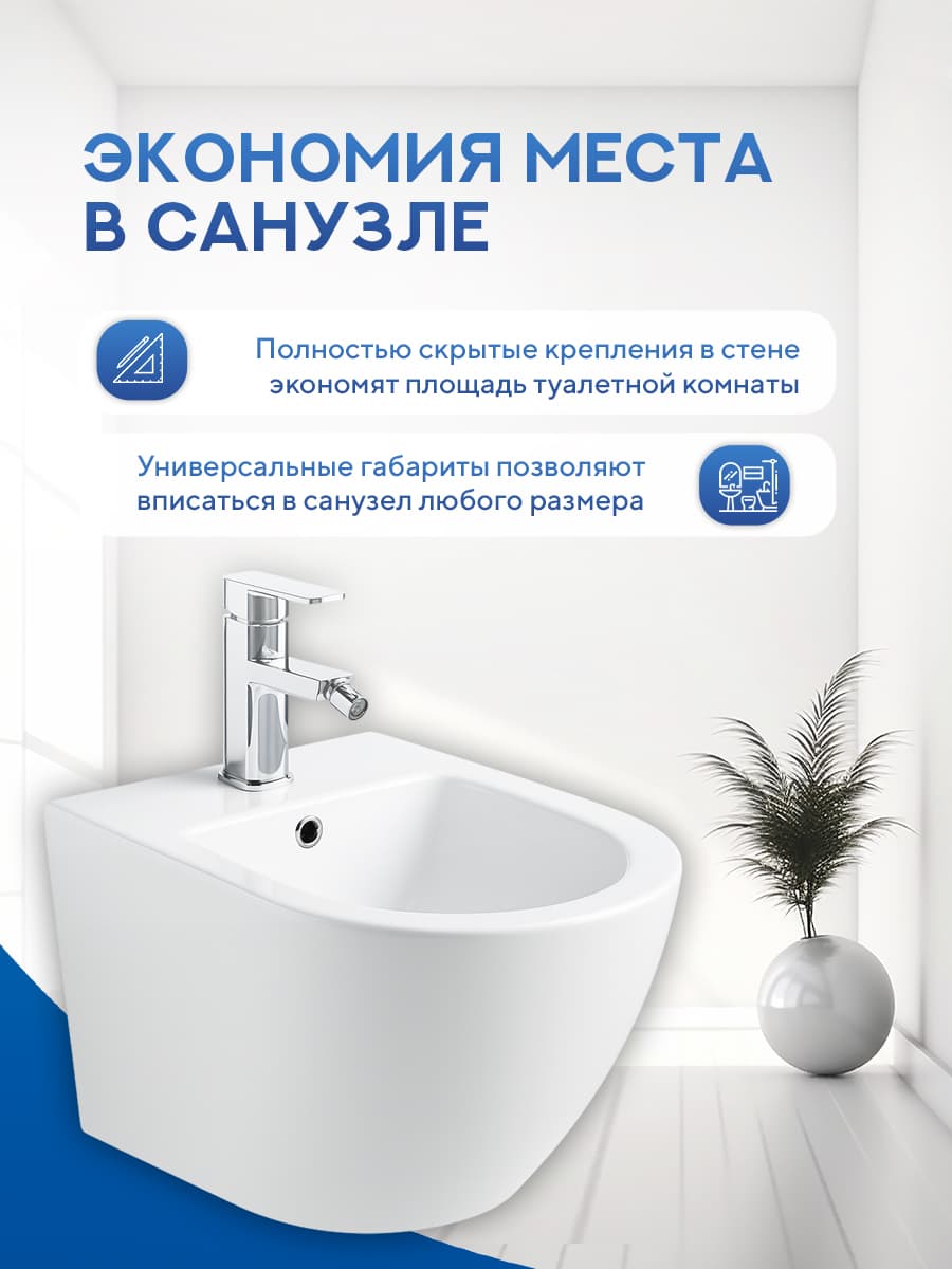 Биде подвесное Amore di Mare Delio B203: чаша биде для туалета с отверстием под смеситель, перелив, цвет глянцевый белый, фарфор - миниатюра 9