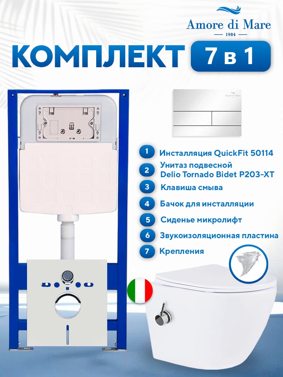 Комплект инсталляции Amore di Mare QuickFit 50114 с унитазом Delio Tornado Bidet P203-XT с кнопкой 404CH 7 в 1, Италия