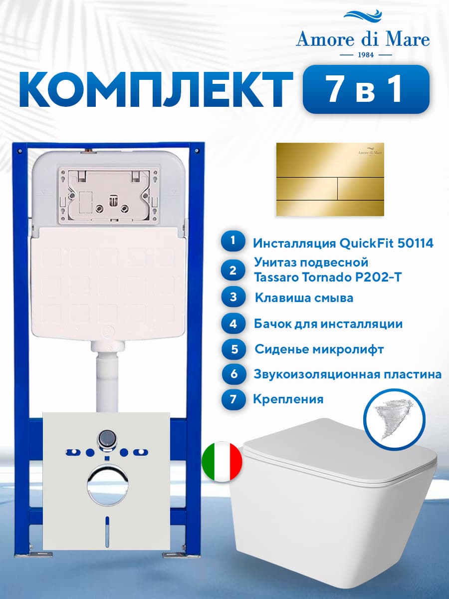 Комплект инсталляции Amore di Mare QuickFit 50114 с унитазом Tassaro Tornado P202-T с квадратной кнопкой золото 404G 7 в 1, Италия