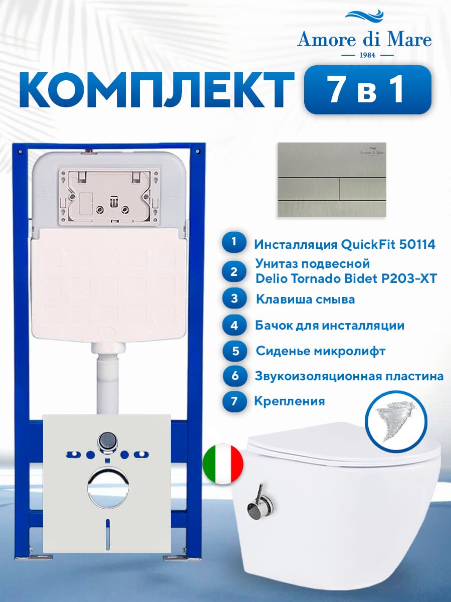 Комплект инсталляции Amore di Mare QuickFit 50114 с унитазом Delio Tornado Bidet P203-XT с кнопкой 404BN 7 в 1, Италия