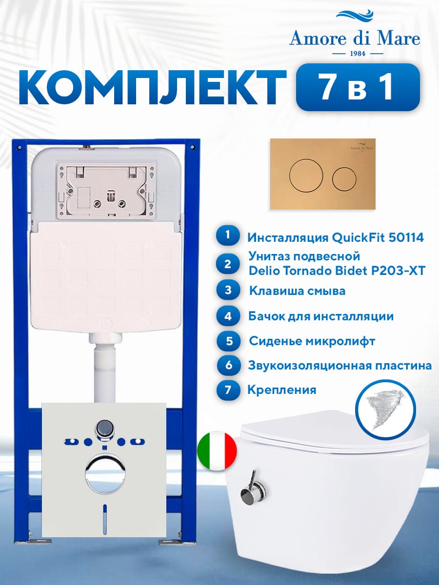Комплект инсталляции Amore di Mare QuickFit 50114 с унитазом Delio Tornado Bidet P203-XT с кнопкой 303G 7 в 1, Италия