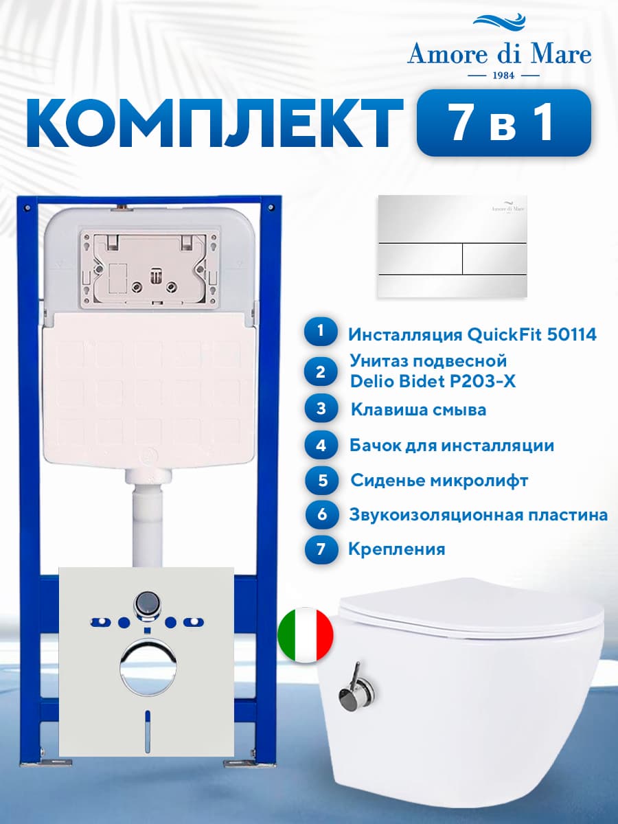 Комплект инсталляции Amore di Mare QuickFit 50114 с унитазом с функцией биде Delio Bidet P203-X с кнопкой 404CH, 7 в 1, Италия