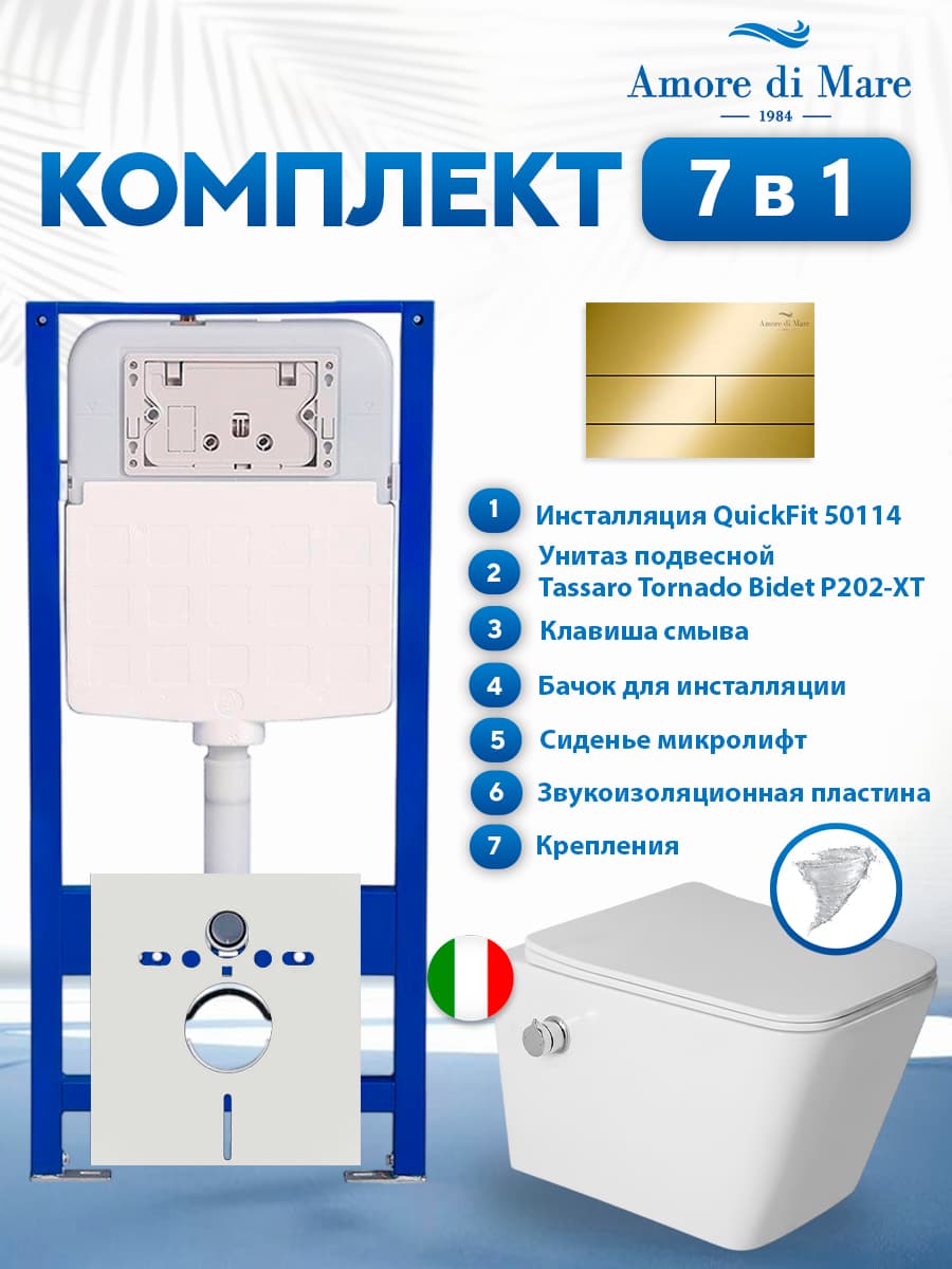 Комплект инсталляции Amore di Mare QuickFit 50114 с унитазом Tassaro Tornado Bidet P202-XT с функцией биде с кнопкой 404G 7 в 1, Италия