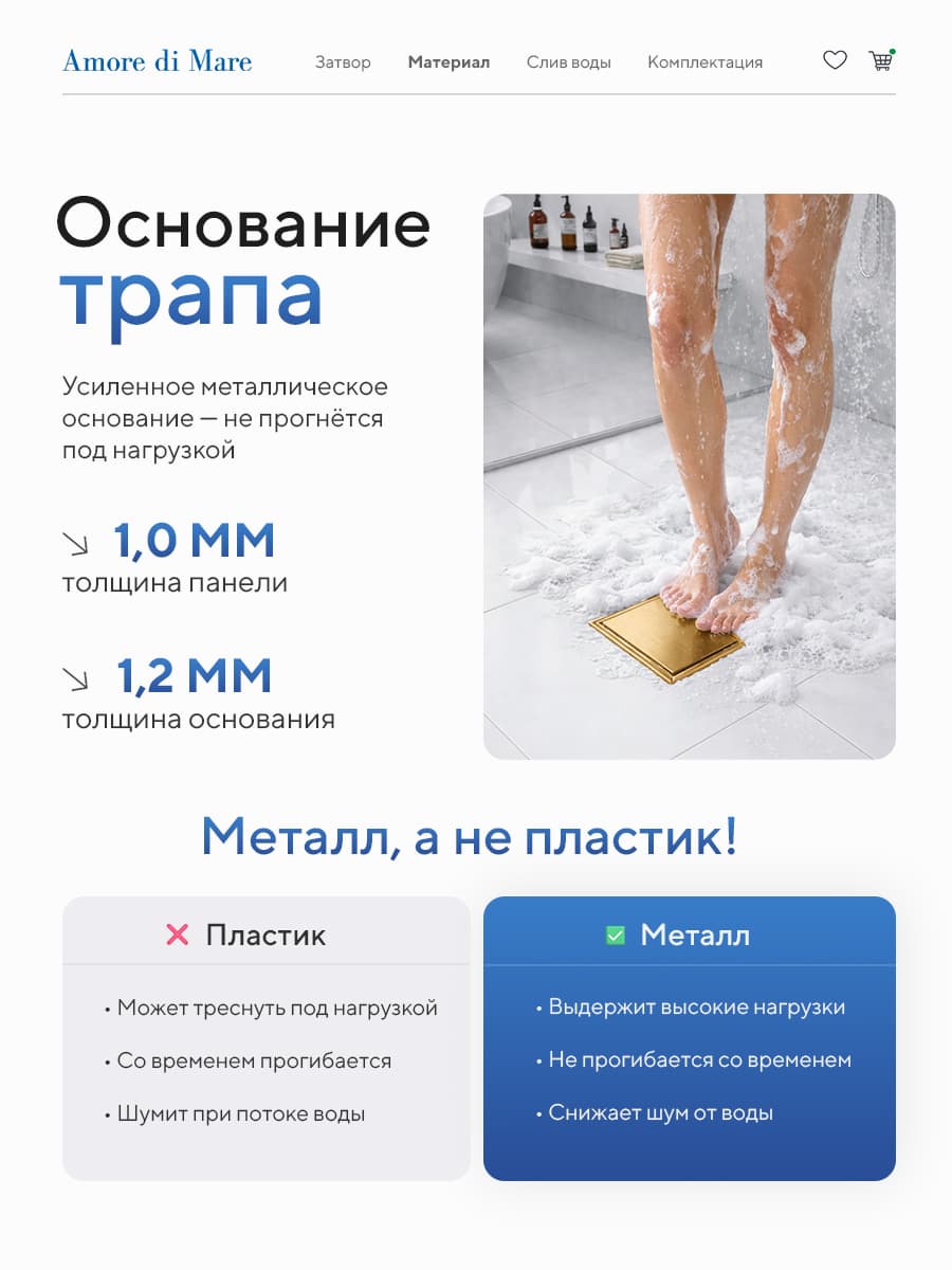 Трап для душа Amore di Mare Picco SD-15G, 150х150 мм, оборачиваемый под плитку, золото - миниатюра 6