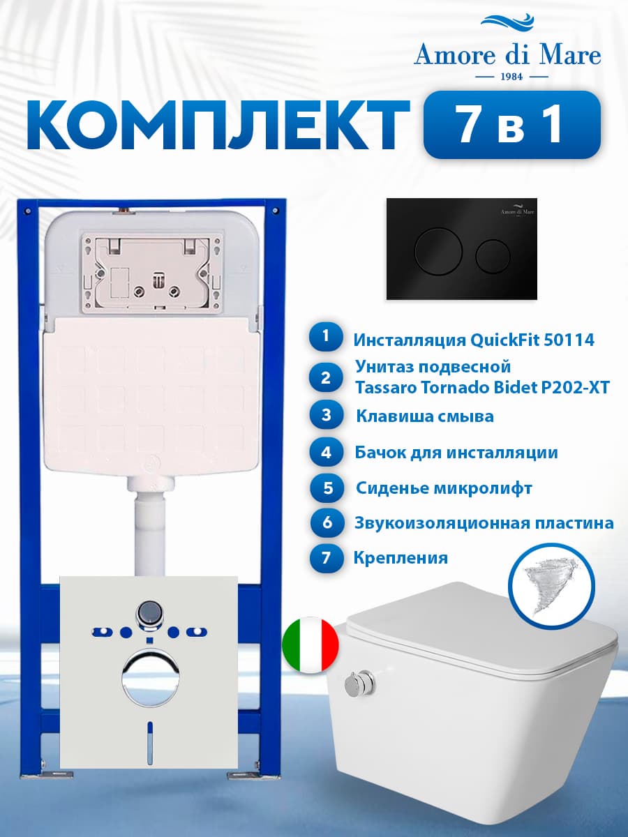 Комплект инсталляции Amore di Mare QuickFit 50114 с унитазом Tassaro Tornado Bidet P202-XT с функцией биде с кнопкой 303MB 7 в 1, Италия