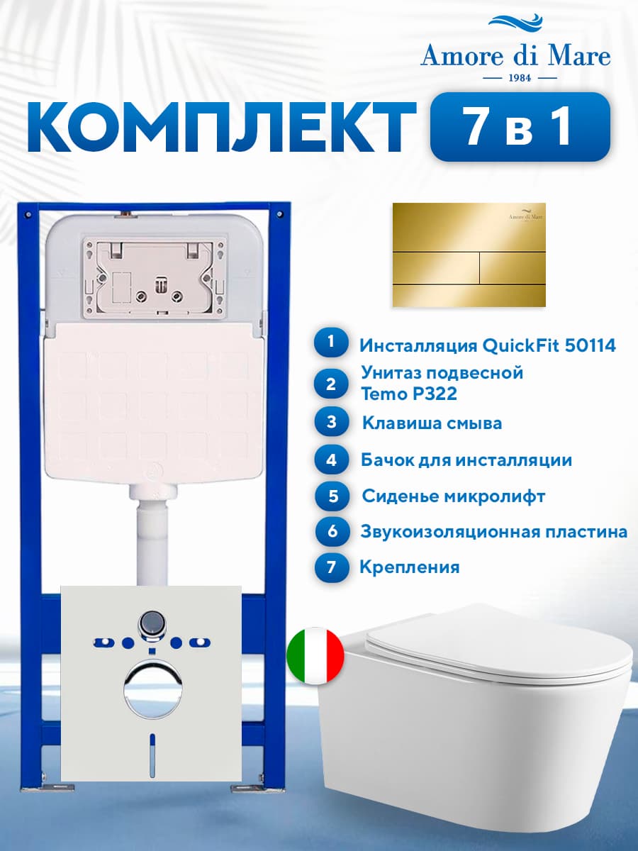 Комплект инсталляции Amore di Mare QuickFit 50114 с унитазом Temo P322 с золотой квадратной кнопкой 404G 7 в 1, Италия