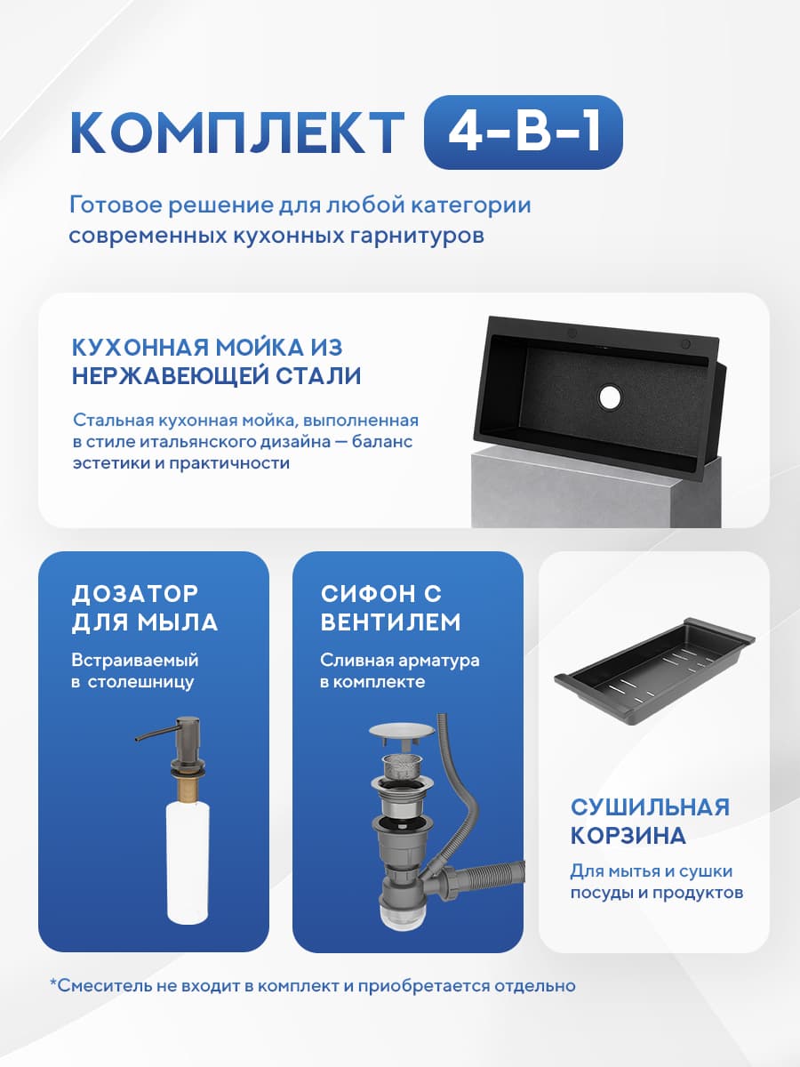 Мойка для кухни из нержавеющей стали Amore di Mare Favo Pelle FP7048B-2, 700х480х220 мм: мойка, корзина, дозатор, сифон. Цвет: черный. - миниатюра 2