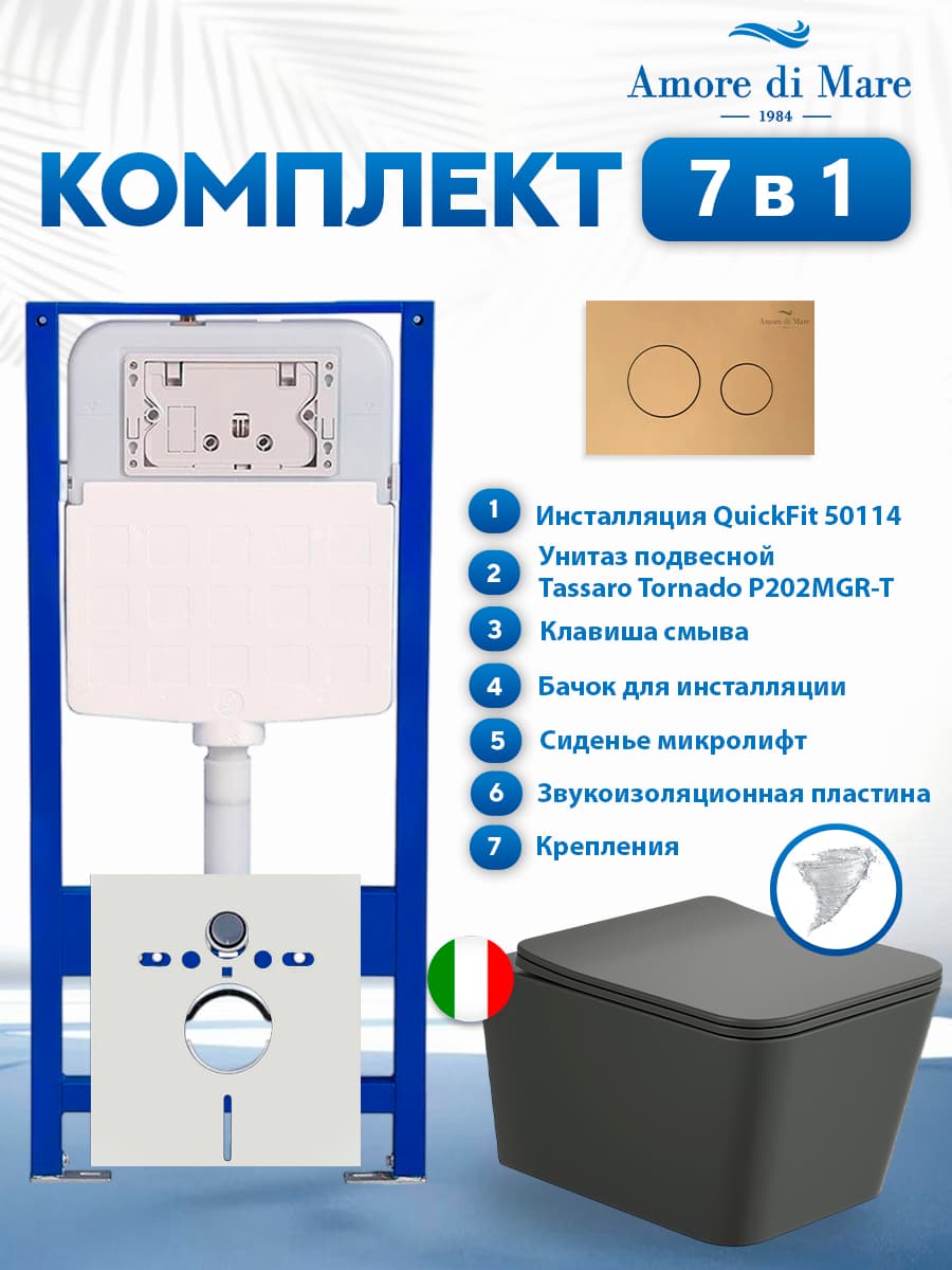 Комплект инсталляции Amore di Mare QuickFit 50114 с унитазом Tassaro Tornado P202MGR-T Matte Grey с кнопкой 303G 7 в 1, Италия