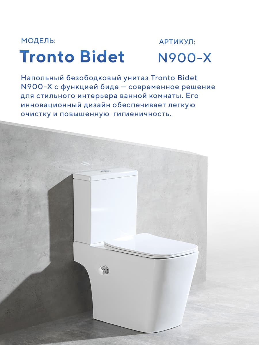Унитаз напольный безободковый Amore di Mare Tronto Bidet N900-X с функцией биде квадратный белый итальянский, антивсплеск, фарфоровый, быстросъемное сиденье дюропласт с крышкой микролифт - миниатюра 2
