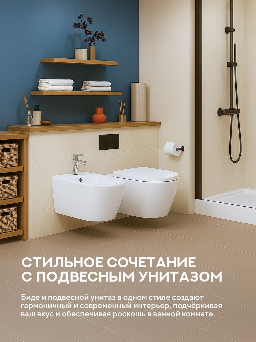 Биде подвесное Amore di Mare Elsa B312: чаша биде для туалета с отверстием под смеситель, перелив, цвет глянцевый белый, фарфор - миниатюра 3