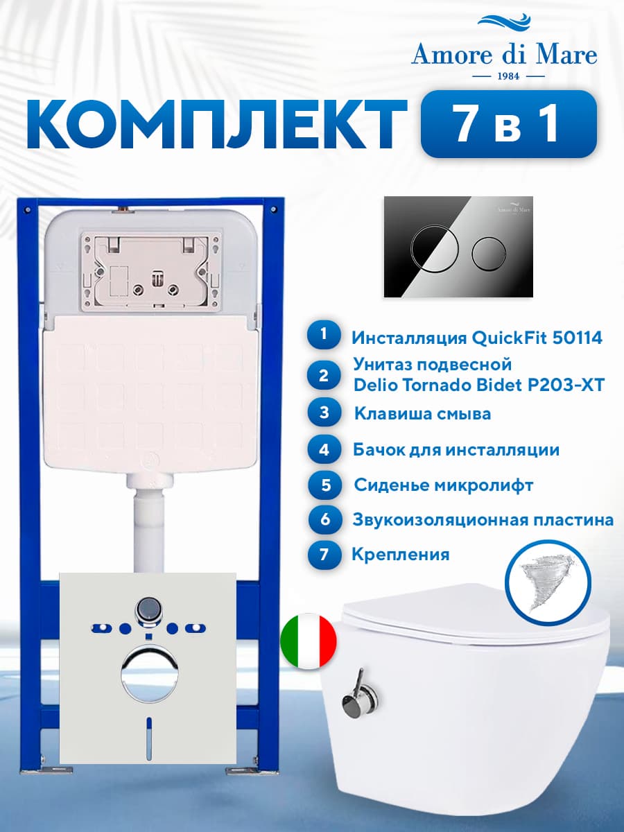 Комплект инсталляции Amore di Mare QuickFit 50114 с унитазом Delio Tornado Bidet P203-XT с кнопкой 303CH 7 в 1, Италия