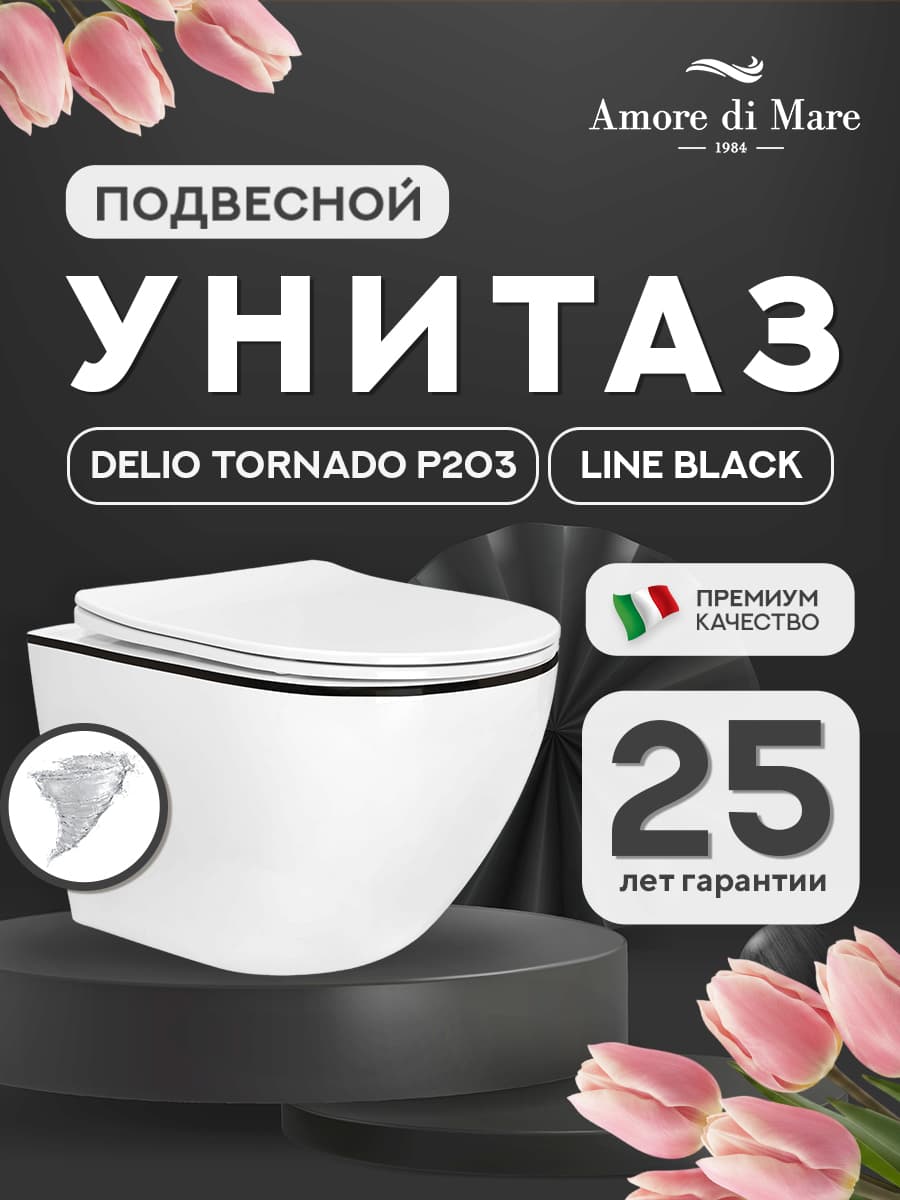 Подвесной безободковый унитаз Amore di Mare Delio Line Black P203, антивсплеск, фарфор, сиденье дюропласт микролифт, быстросъемная крышка