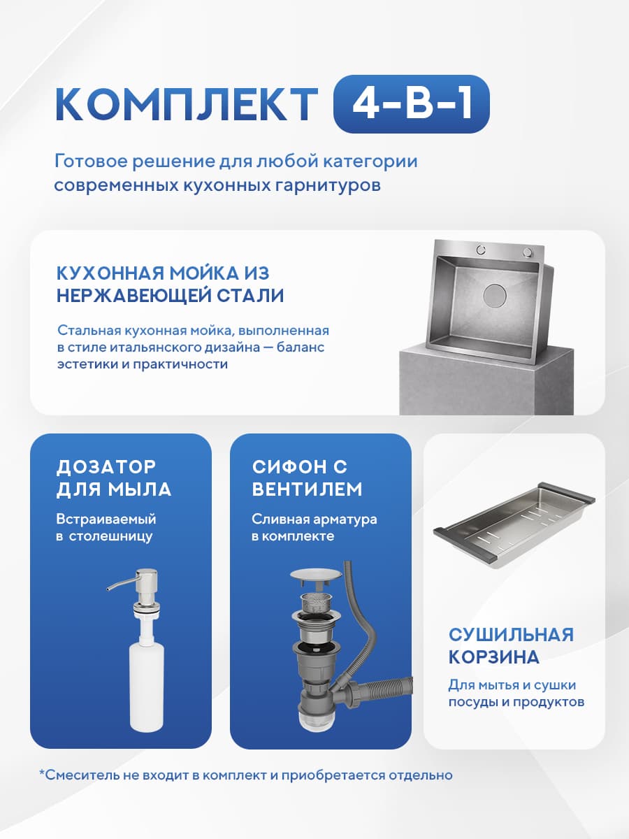 Мойка для кухни из нержавеющей стали Amore di Mare Favo Pelle FP5048S-2, 500х480х220 мм: мойка, корзина, дозатор, сифон. Цвет: сатин. - миниатюра 2