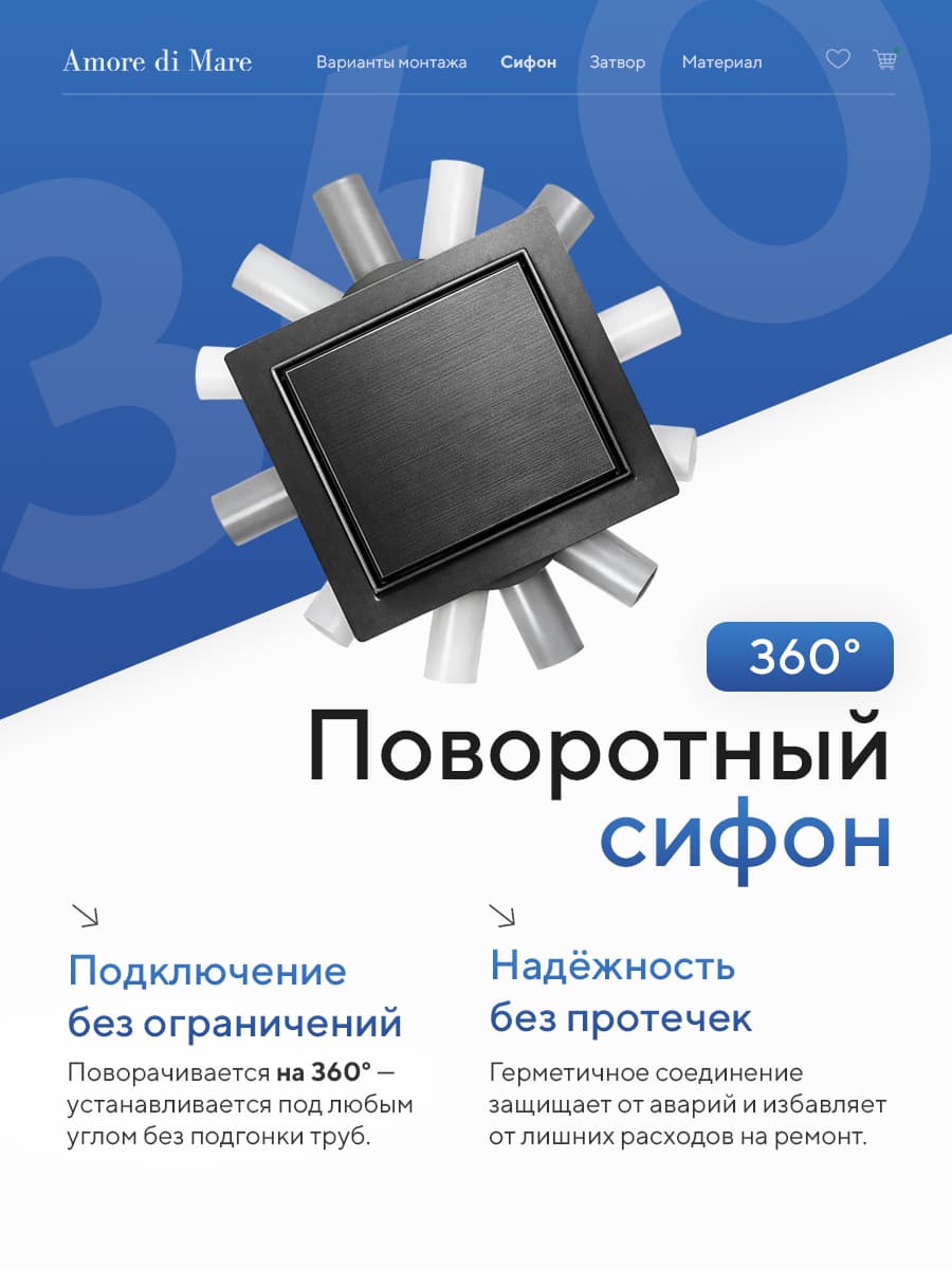 Трап для душа Amore di Mare Picco SD-15GM, 150х150 мм, оборачиваемый под плитку, оружейная сталь - миниатюра 3