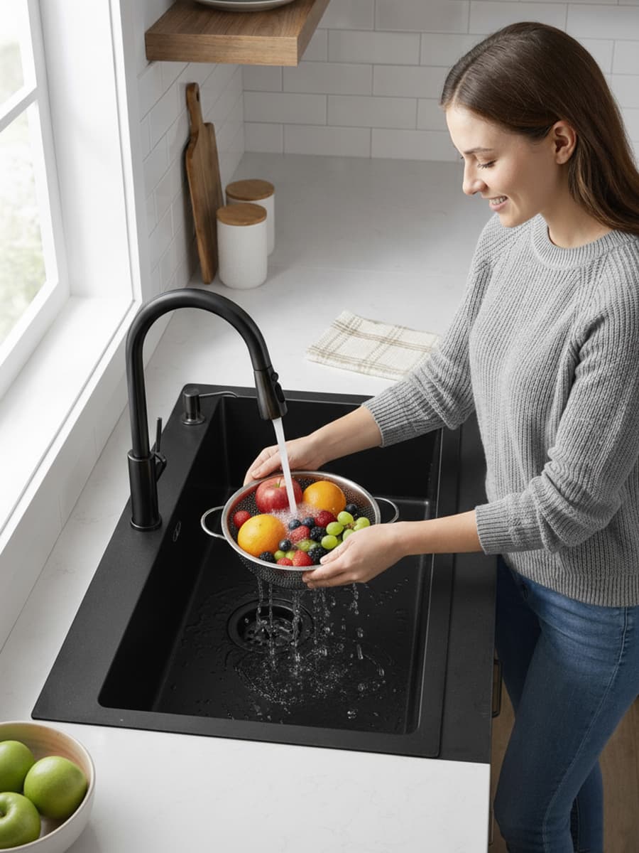 Мойка для кухни из нержавеющей стали Amore di Mare Favo Pelle FP7048B-1, 700х480х220 мм: мойка, дозатор, сифон. Цвет: черный. - миниатюра 10