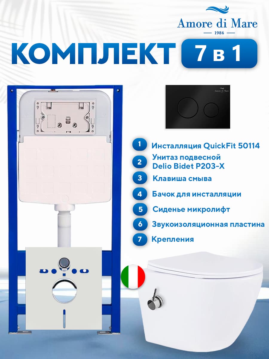 Комплект инсталляции Amore di Mare QuickFit 50114 с унитазом с функцией биде Delio Bidet P203-X с кнопкой 303MB, 7 в 1, Италия