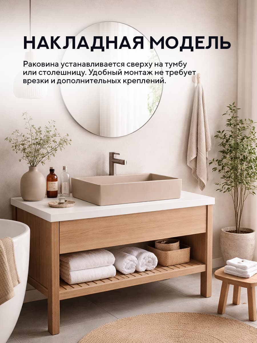 Накладная раковина Amore di Mare 35420C-RR, умывальник прямоугольный из фарфора, бежевый, гарантия 25 лет - миниатюра 2
