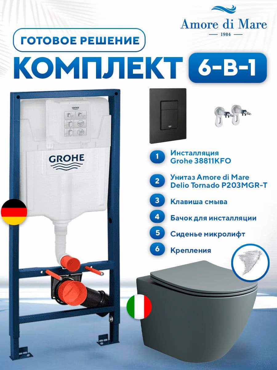 Комплект 6 в 1: инсталляция Grohe 38811KFO + подвесной безободковый матовый унитаз Amore di Mare Delio Tornado P203MGR-T Matte Grey + сиденье микролифт, кнопка, бачок, крепления