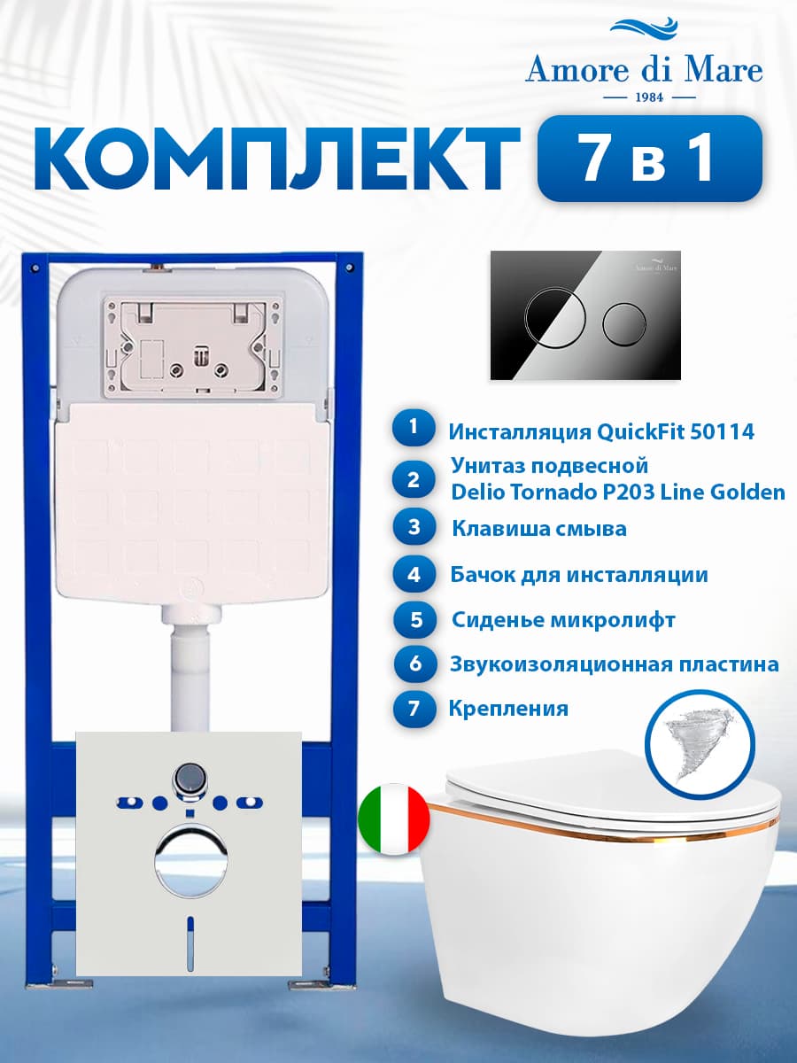 Комплект инсталляции Amore di Mare QuickFit 50114 с унитазом Delio Tornado P203 Line Golden с круглой кнопкой хром 303CH 7 в 1, Италия