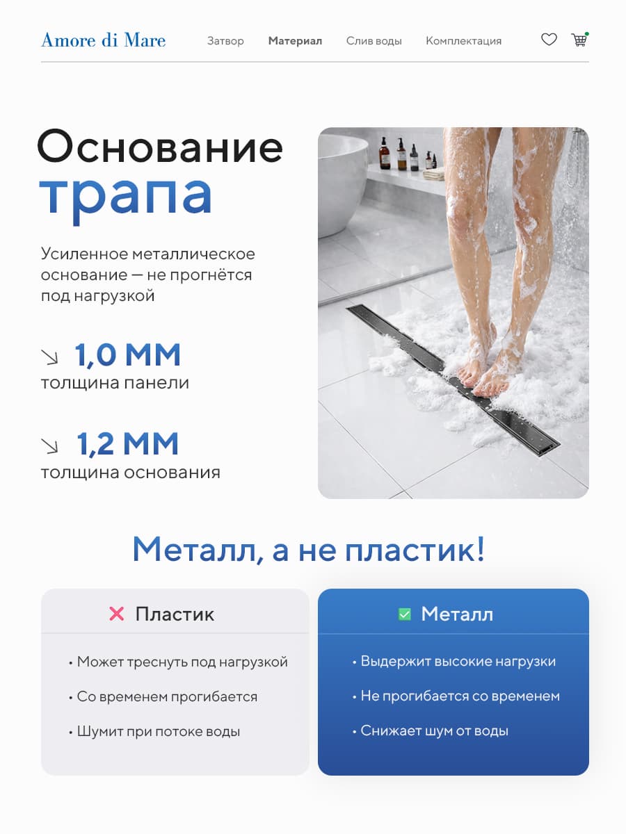 Трап для душа Amore di Mare Verso SD-80GM, 800х70 мм, оборачиваемый под плитку, оружейная сталь - миниатюра 6