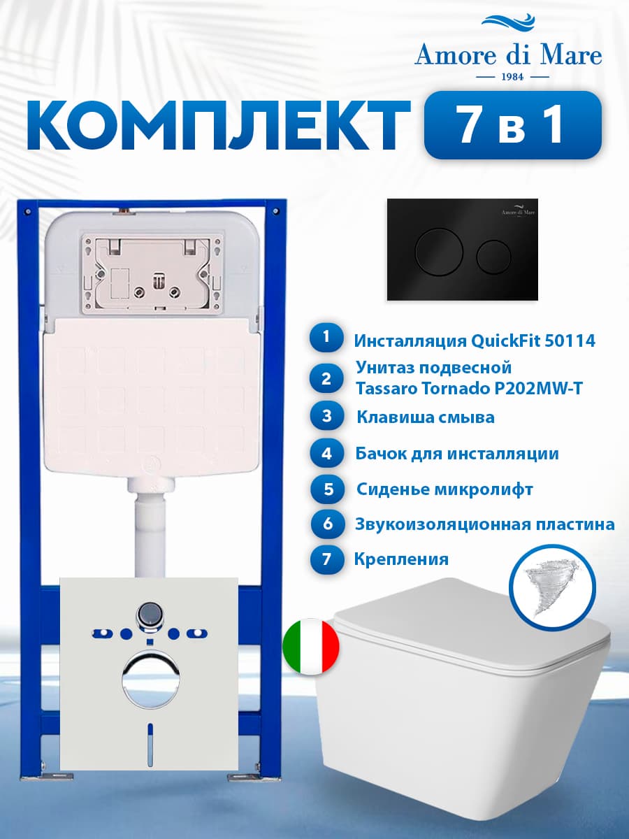 Комплект инсталляции Amore di Mare QuickFit 50114 с унитазом Tassaro Tornado P202MW-T Matte White с кнопкой 303MB 7 в 1, Италия