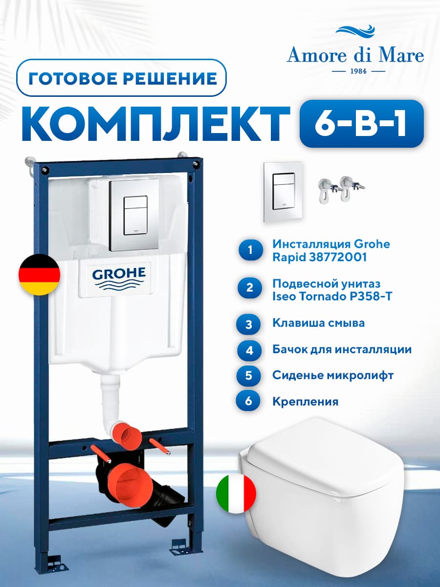 Комплект 6 в 1: инсталляция Grohe Rapid 38772001 + подвесной безободковый унитаз Amore di Mare Iseo Tornado P358-T + сиденье микролифт, кнопка, бачок, крепления