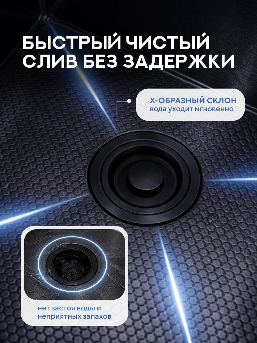 Мойка для кухни из нержавеющей стали Amore di Mare Unico Pro UP6048-B, 600х480х220 мм: мойка, сифон, дозатор, корзина, доска, смеситель, ринзер, водопад. Цвет: черный - миниатюра 12