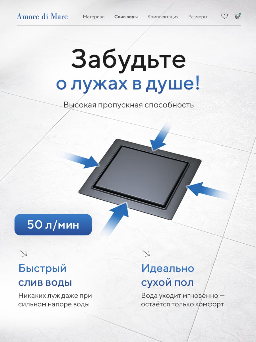 Трап для душа Amore di Mare Picco SD-15GM, 150х150 мм, оборачиваемый под плитку, оружейная сталь - миниатюра 8