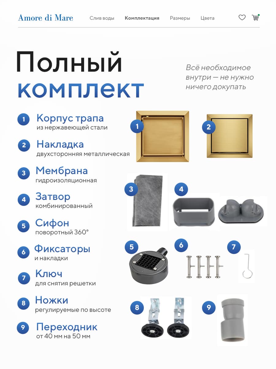 Трап для душа Amore di Mare Picco SD-15G, 150х150 мм, оборачиваемый под плитку, золото - миниатюра 9