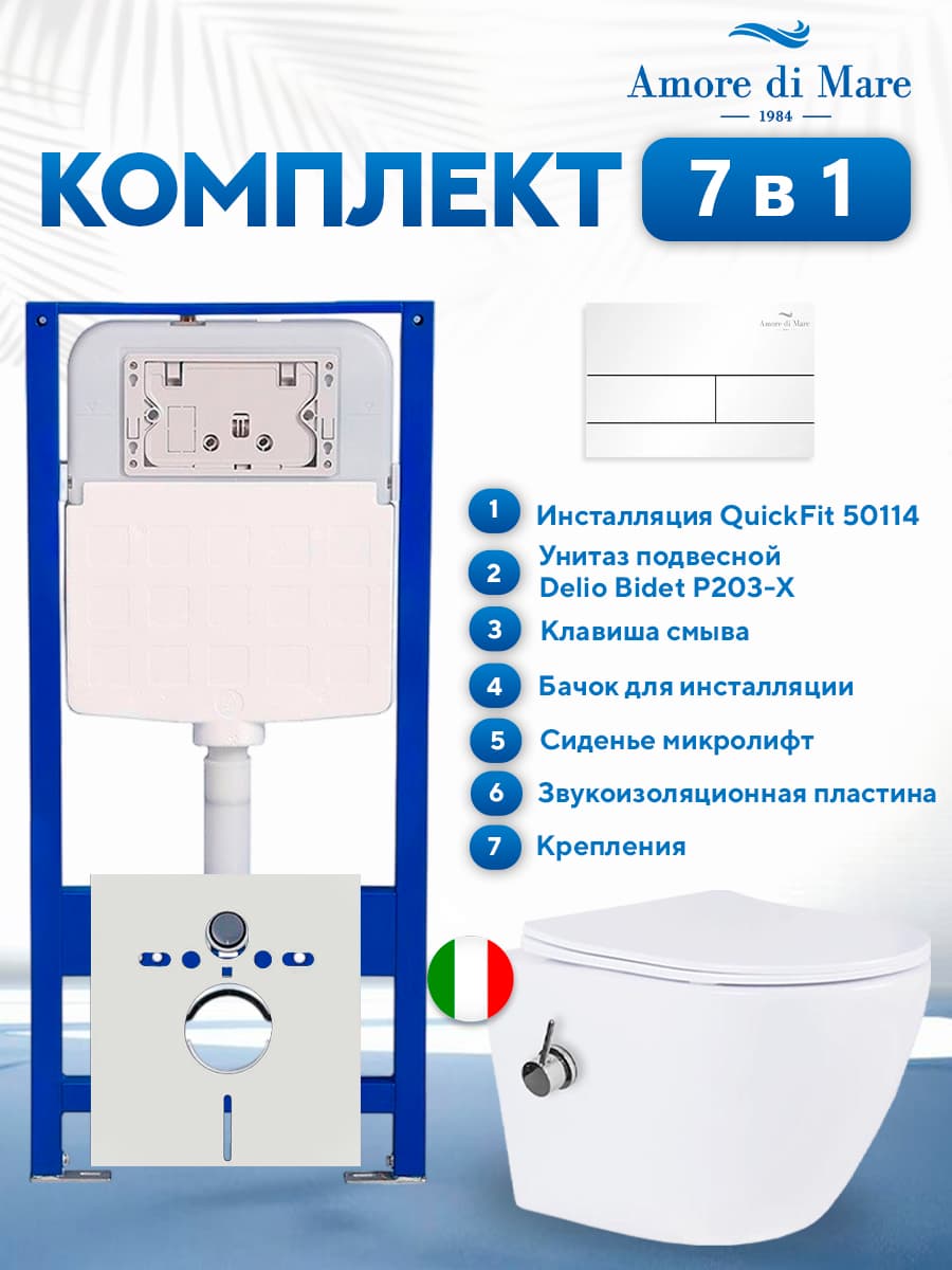 Комплект инсталляции Amore di Mare QuickFit 50114 с унитазом с функцией биде Delio Bidet P203-X с кнопкой 404W, 7 в 1, Италия