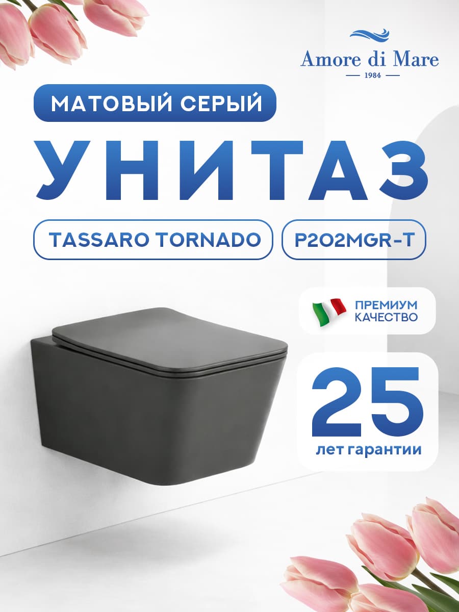 Унитаз подвесной безободковый Amore di Mare Tassaro Tornado P202MGR-T Matte Grey, прямоугольный серый матовый, антивсплеск, фарфоровый, быстросъемное сиденье дюропласт с крышкой микролифт
