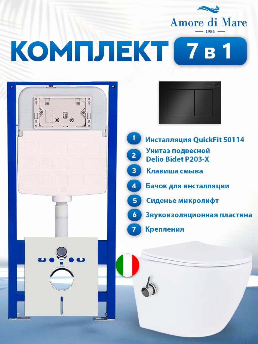 Комплект инсталляции Amore di Mare QuickFit 50114 с унитазом с функцией биде Delio Bidet P203-X с кнопкой 814MB, 7 в 1, Италия