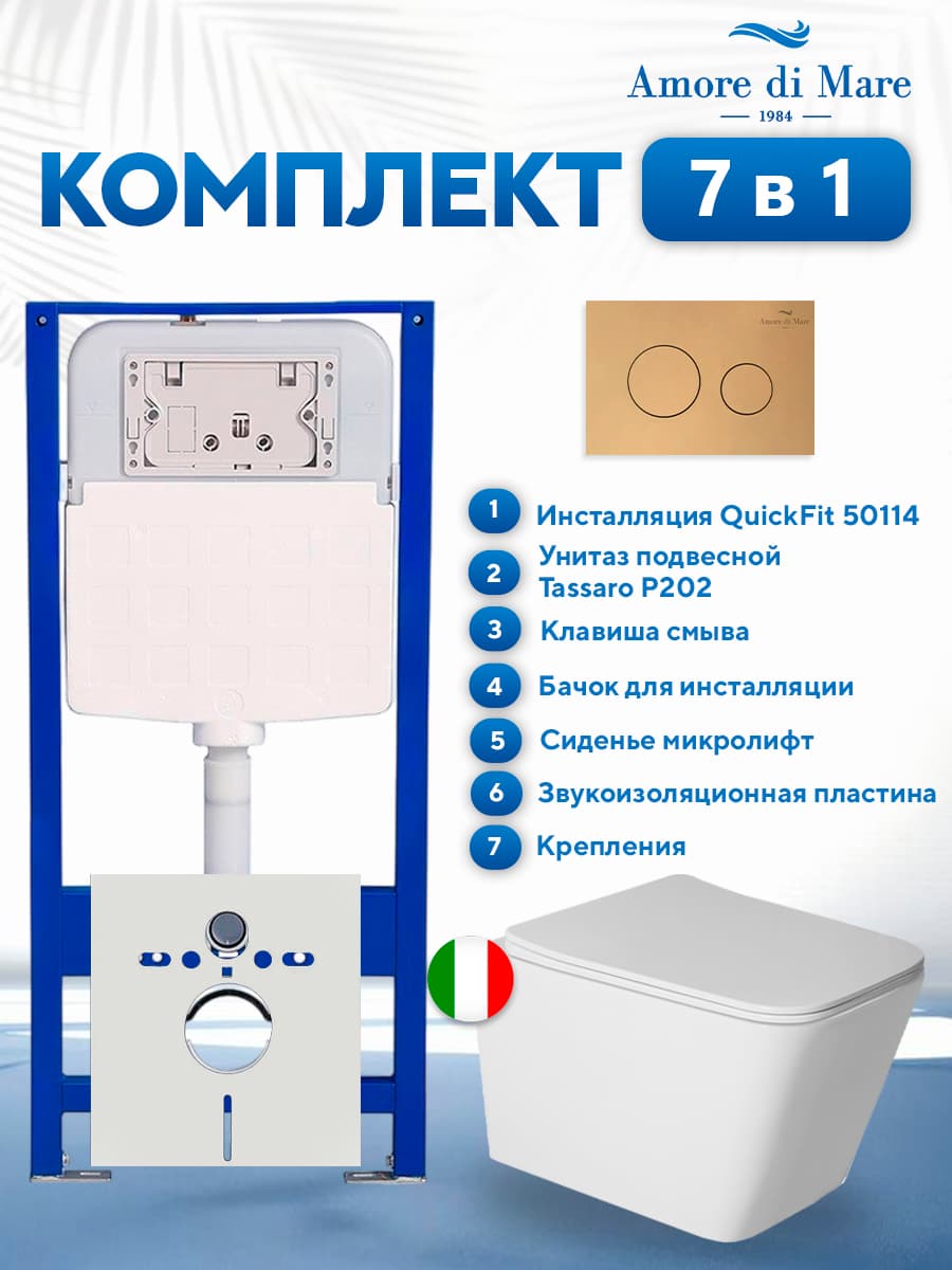 Комплект инсталляции Amore di Mare QuickFit 50114 с унитазом Tassaro P202 с кнопкой 303G, 7 в 1, Италия