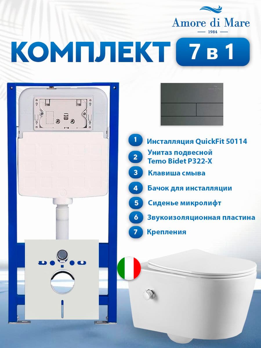 Комплект инсталляции Amore di Mare QuickFit 50114 с унитазом Temo Bidet P322-X с кнопкой 404BN-S, 7 в 1, Италия