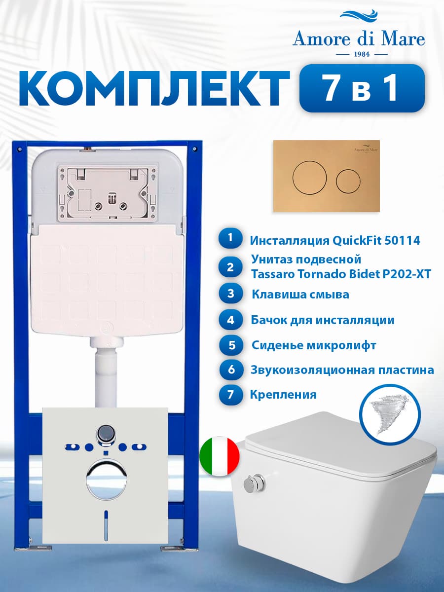 Комплект инсталляции Amore di Mare QuickFit 50114 с унитазом Tassaro Tornado Bidet P202-XT с функцией биде с кнопкой 303G 7 в 1, Италия