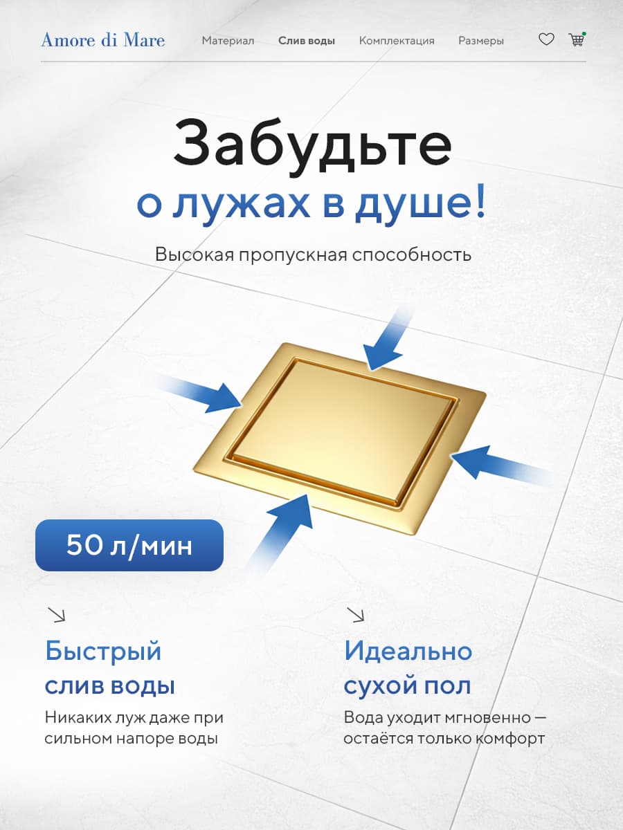 Трап для душа Amore di Mare Picco SD-15G, 150х150 мм, оборачиваемый под плитку, золото - миниатюра 8