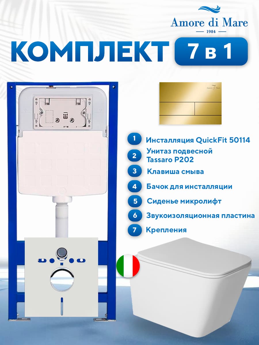 Комплект инсталляции Amore di Mare QuickFit 50114 с унитазом Tassaro P202 с кнопкой 404G, 7 в 1, Италия