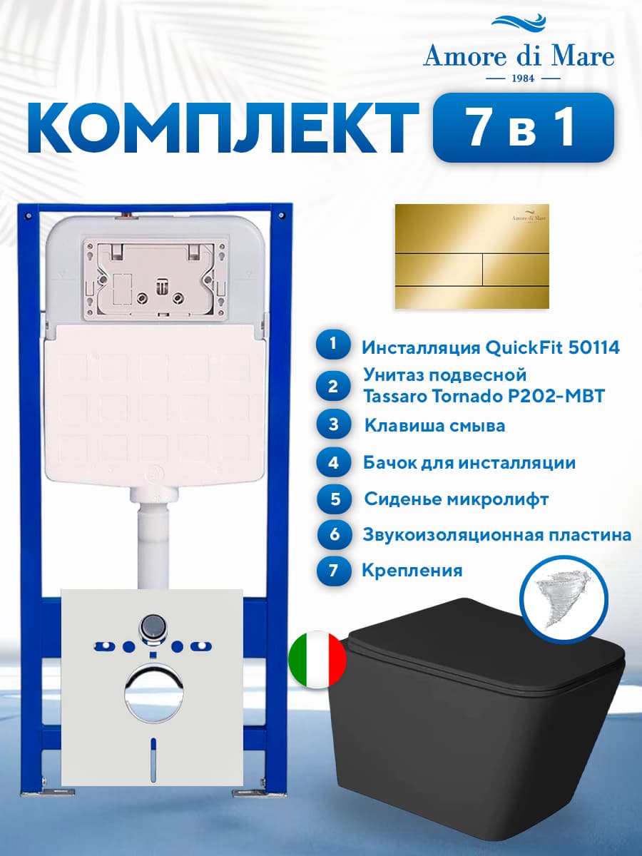 Комплект инсталляции Amore di Mare QuickFit 50114 с унитазом Tassaro Tornado P202-MBT с квадратной кнопкой золото 404G 7 в 1, Италия
