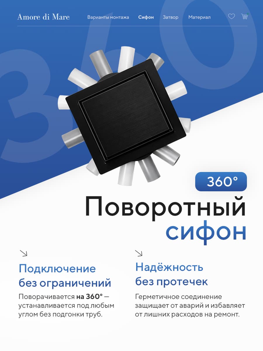 Трап для душа Amore di Mare Picco SD-15B, 150х150 мм, оборачиваемый под плитку, черный - миниатюра 3