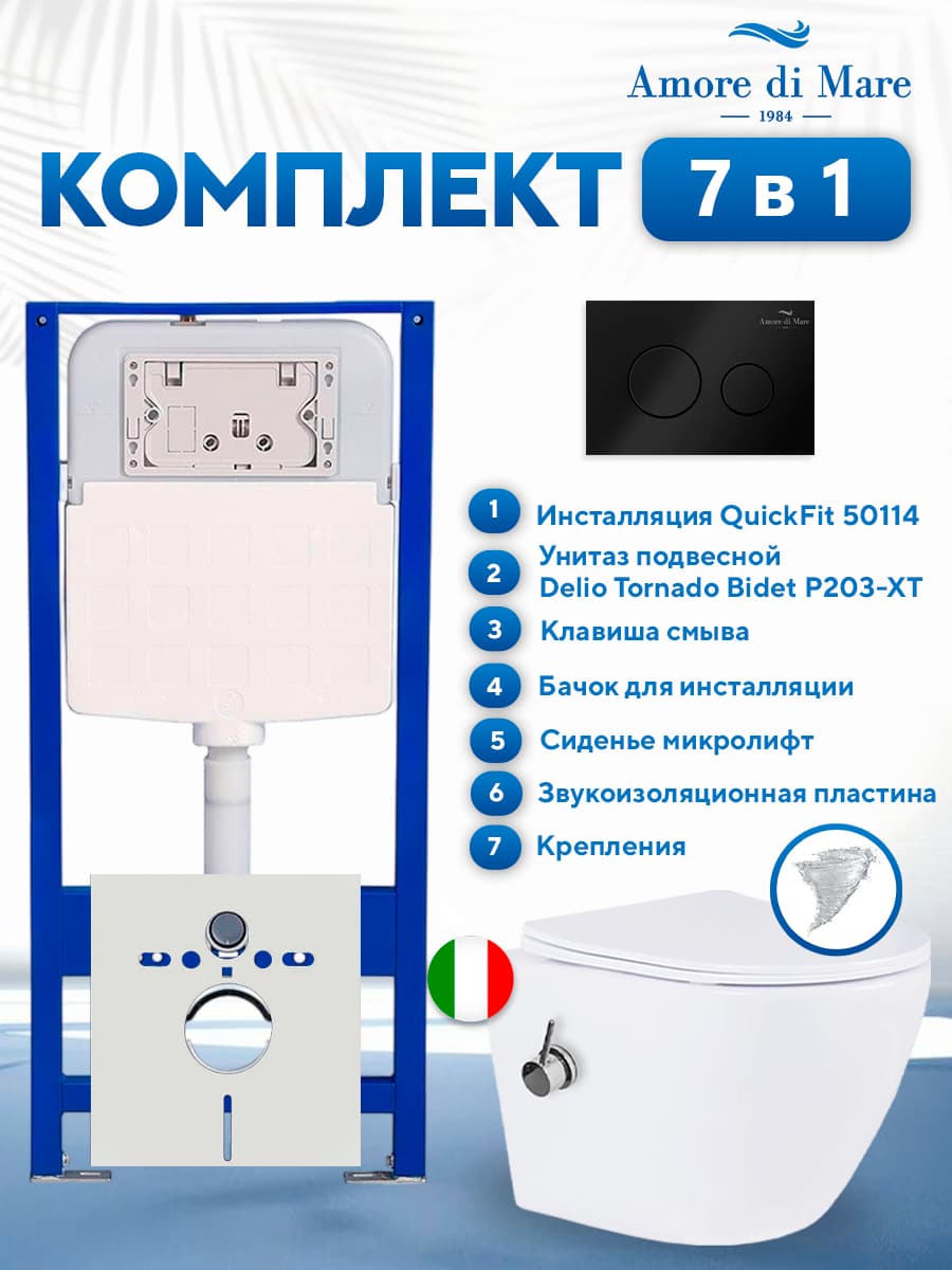 Комплект инсталляции Amore di Mare QuickFit 50114 с унитазом Delio Tornado Bidet P203-XT с кнопкой 303MB 7 в 1, Италия