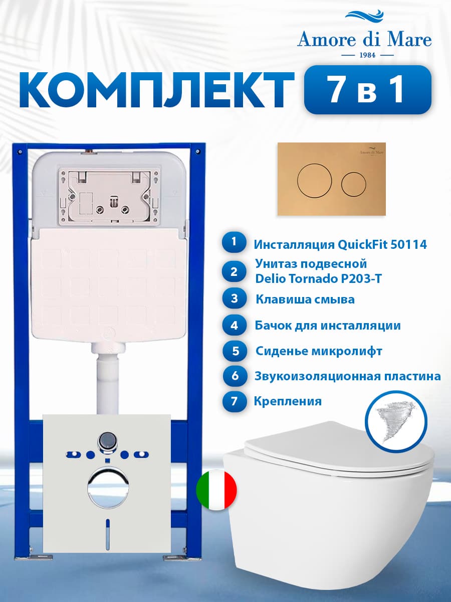 Комплект инсталляции Amore di Mare QuickFit 50114 с унитазом Delio Tornado P203-T с кнопкой 303G 7 в 1, Италия
