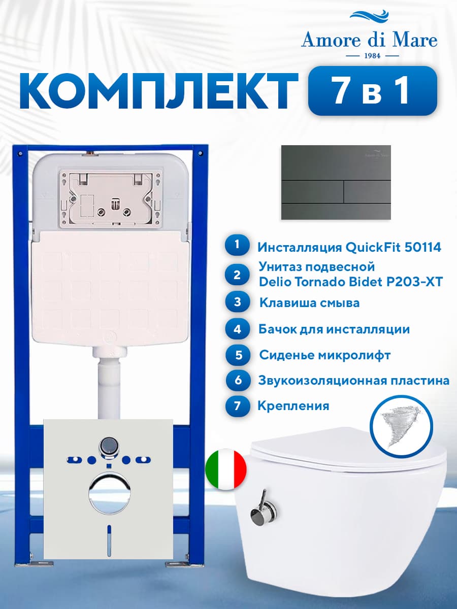 Комплект инсталляции Amore di Mare QuickFit 50114 с унитазом Delio Tornado Bidet P203-XT с кнопкой 404BN-S 7 в 1, Италия