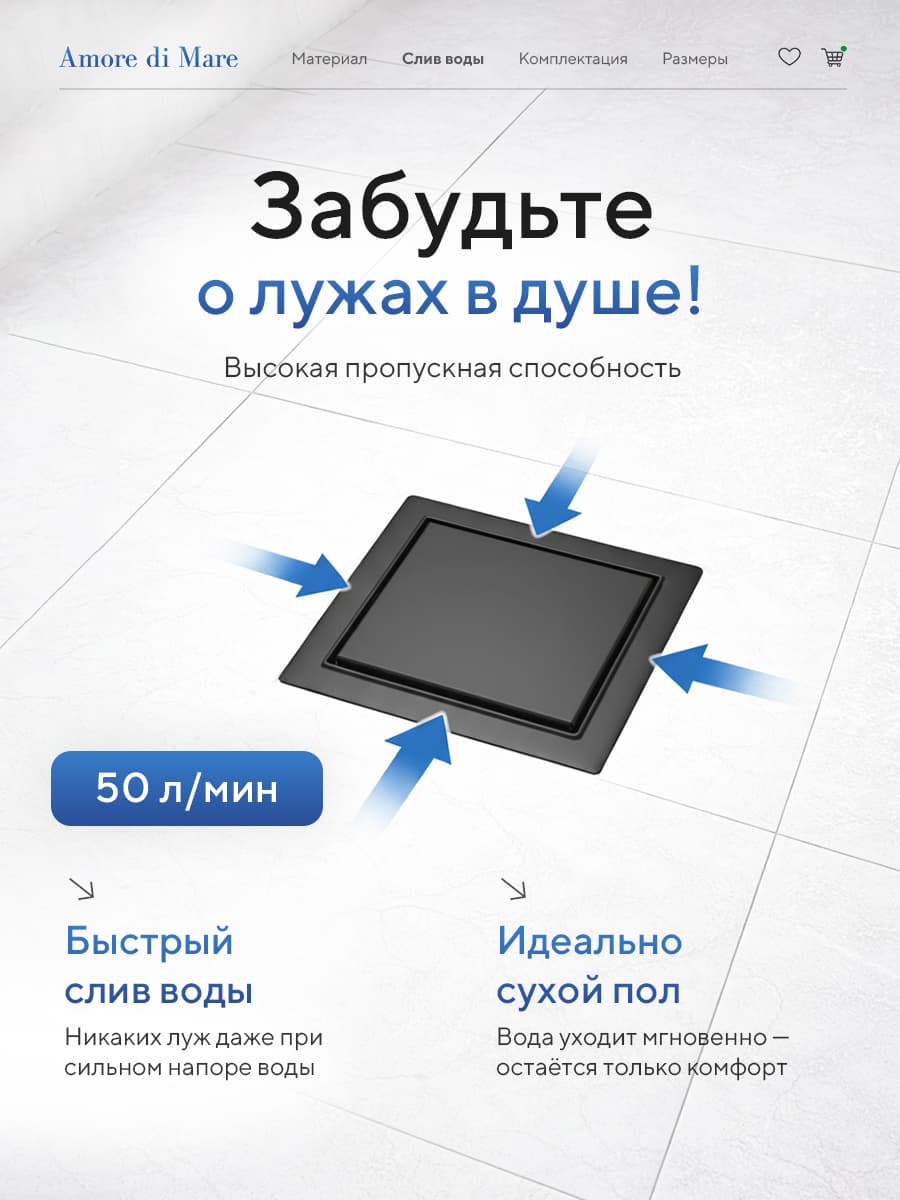 Трап для душа Amore di Mare Picco SD-15B, 150х150 мм, оборачиваемый под плитку, черный - миниатюра 8