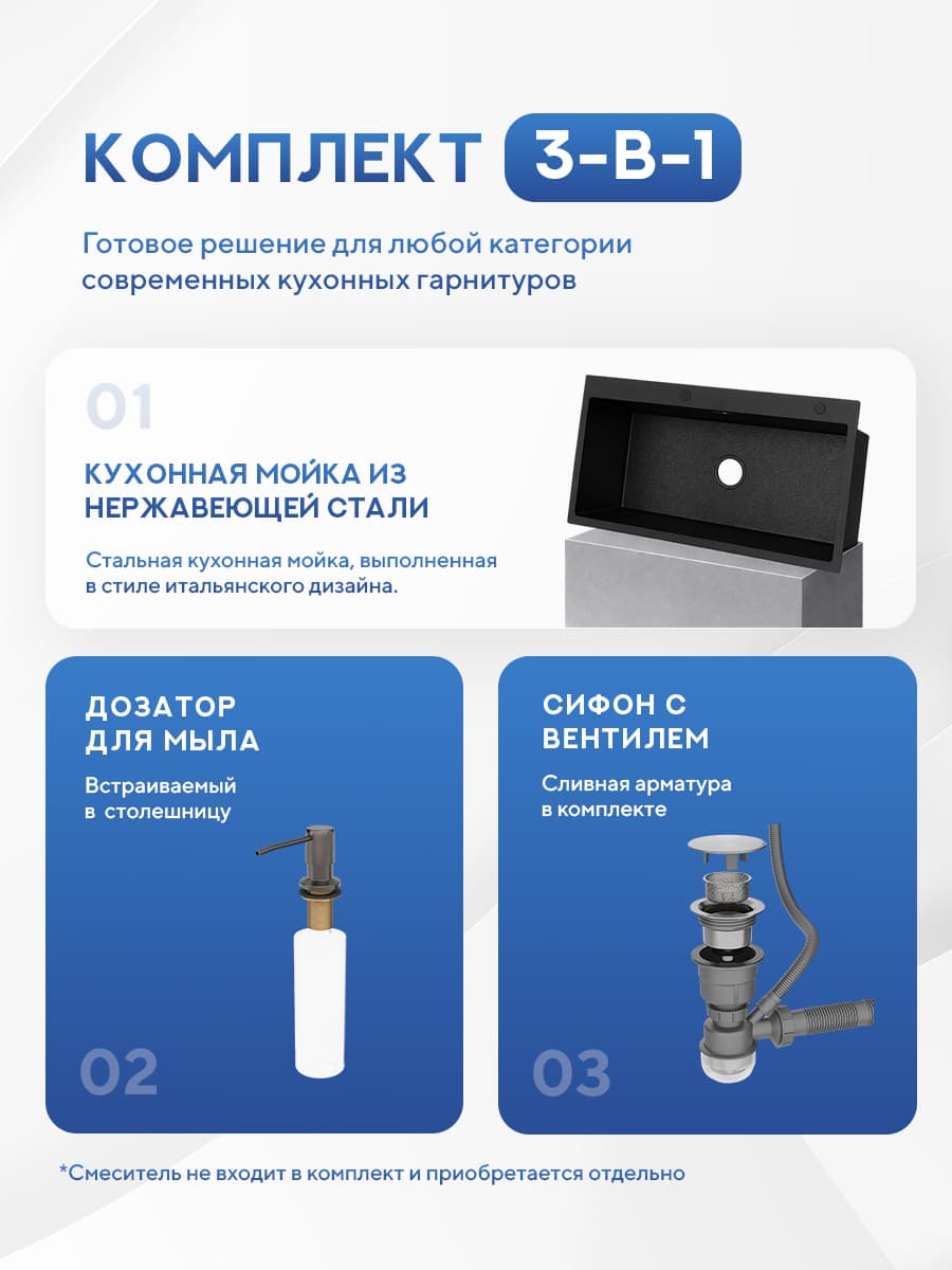 Мойка для кухни из нержавеющей стали Amore di Mare Favo Pelle FP7048B-1, 700х480х220 мм: мойка, дозатор, сифон. Цвет: черный. - миниатюра 2