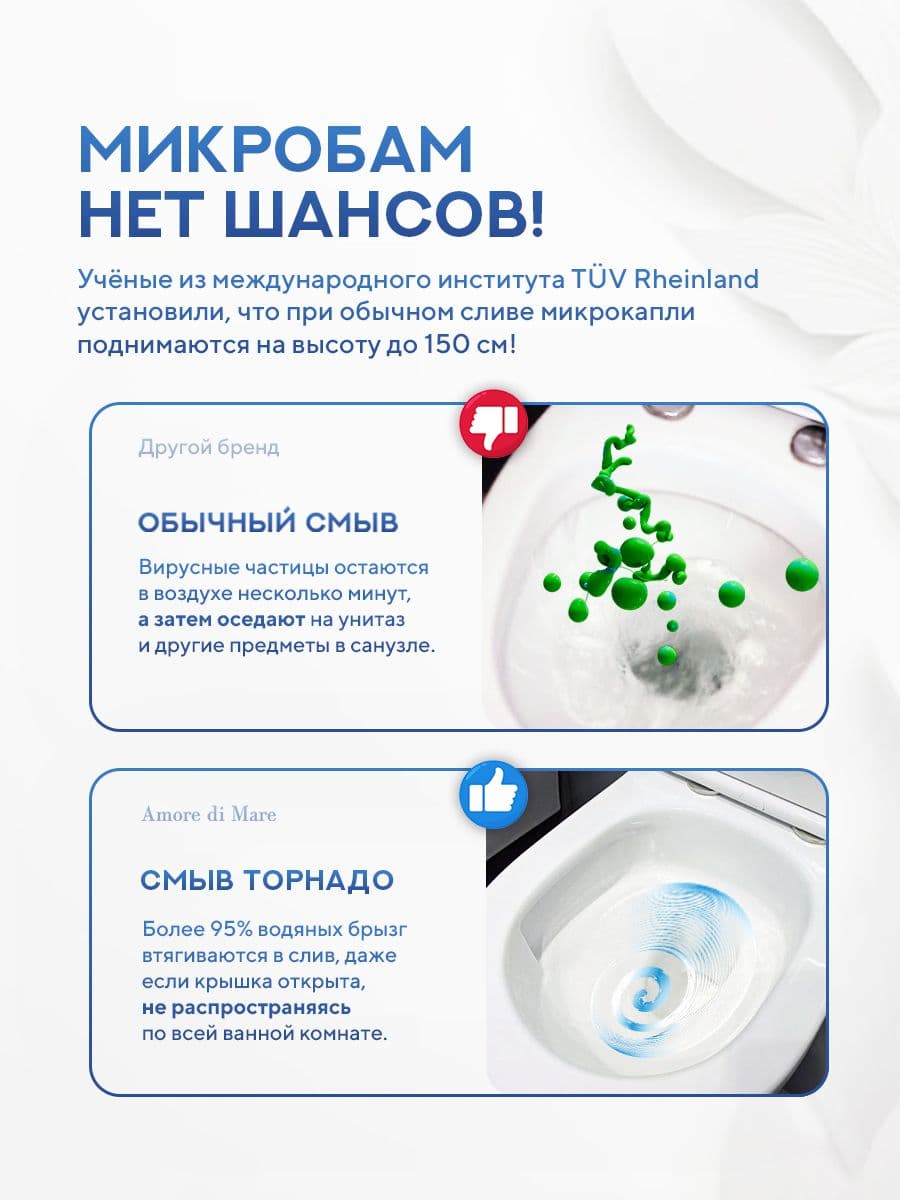 Унитаз моноблок безободковый Amore di Mare Tenna Tornado M627-T белый итальянский, антивсплеск, фарфоровый, быстросъемное сиденье дюропласт с крышкой микролифт, чаша с антибактериальным покрытием - миниатюра 9