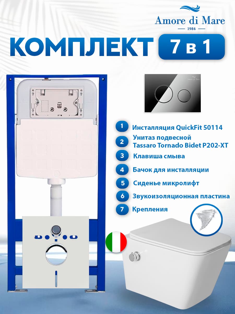 Комплект инсталляции Amore di Mare QuickFit 50114 с унитазом Tassaro Tornado Bidet P202-XT с функцией биде с кнопкой 303CH 7 в 1, Италия